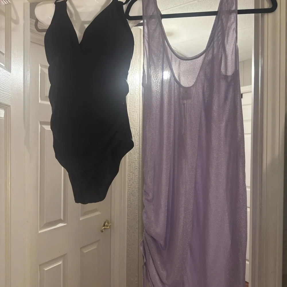 NWT Black 1 piece XL Swimsuit with large Purple shimmery Cover-Up with stretch.